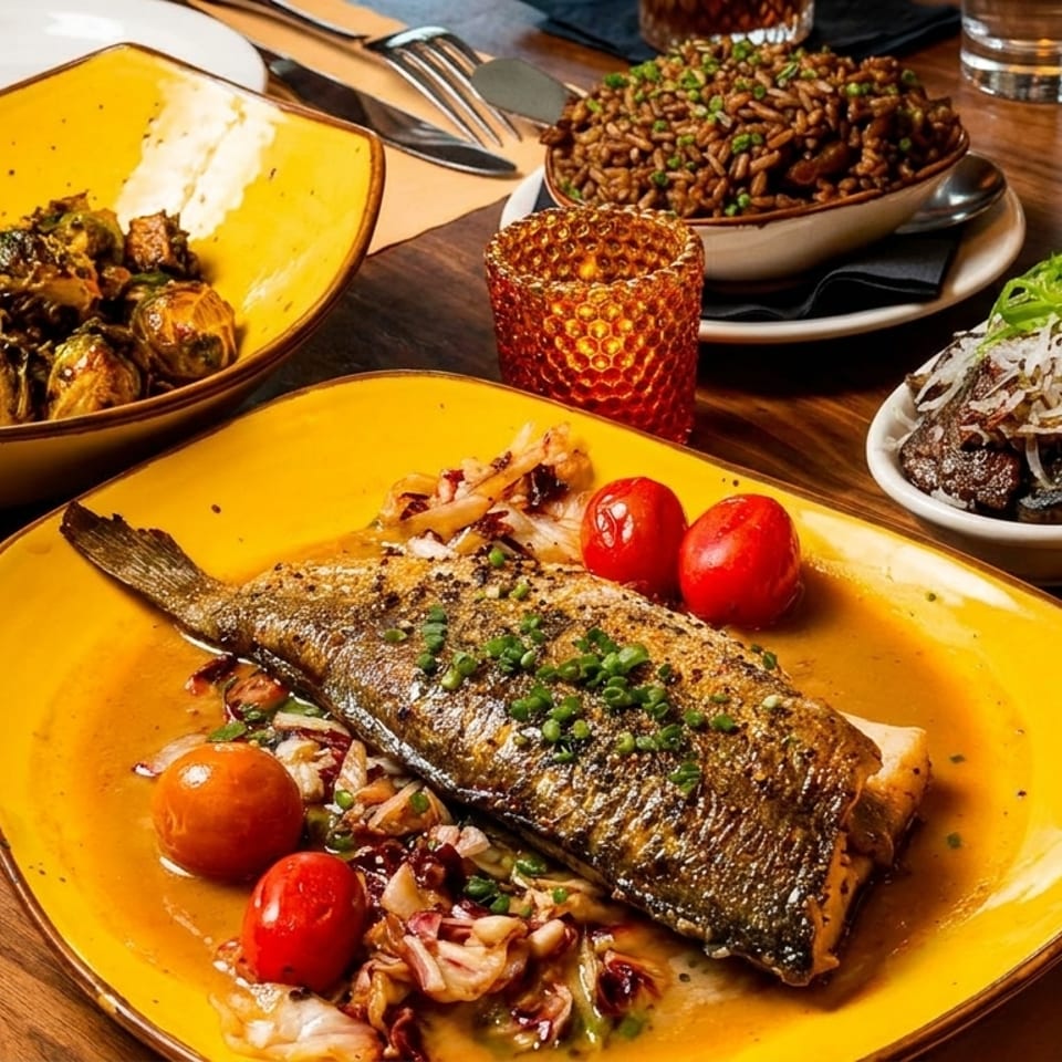 A full table spread with roasted fish, brussels sprouts, rice, and braised short ribs.