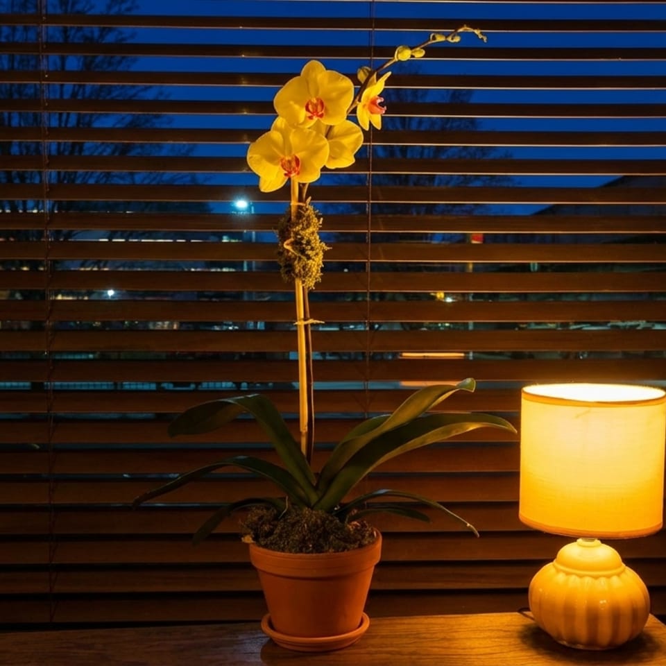 A potted yellow orchid and a glowing lamp sit on a table in front of window blinds at dusk.