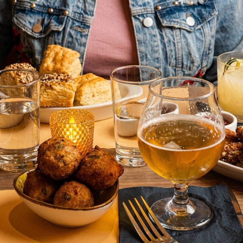 Restaurant table featuring fried appetizers, roasted potatoes, biscuits, dipping sauces, beer, cocktails, and a seated diner.