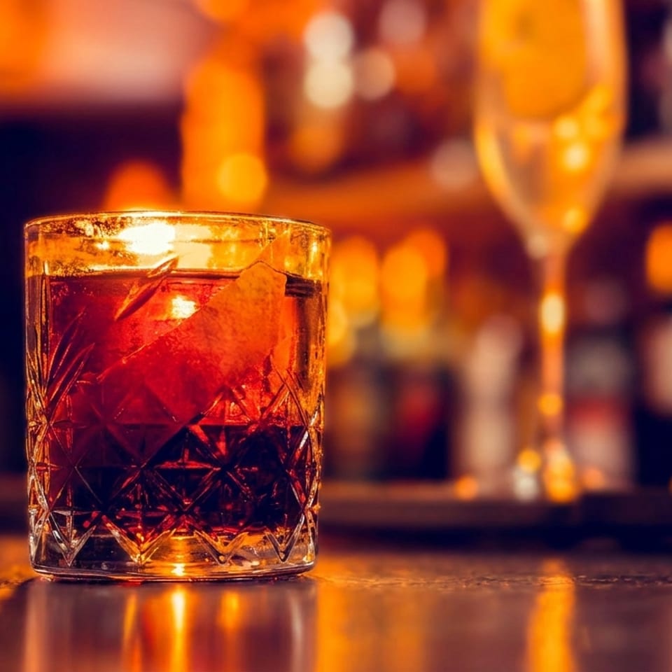A dark cocktail with an orange peel in a cut glass on a bar counter.