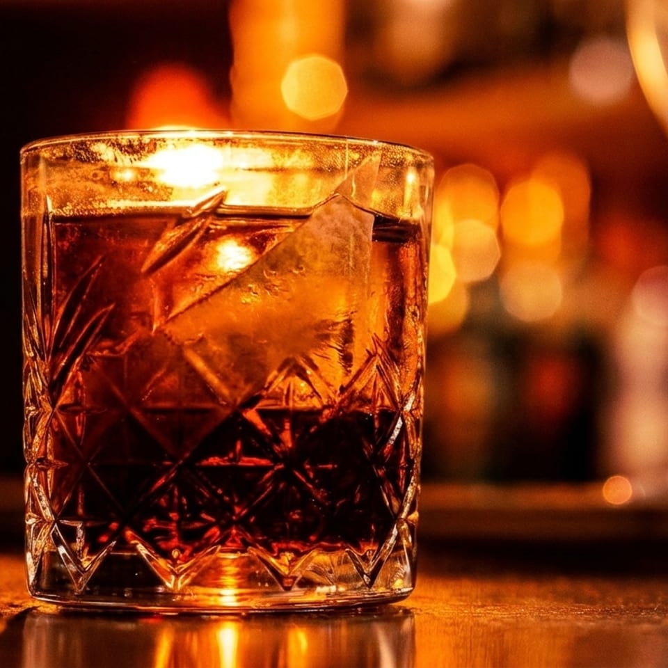 Amber cocktail with large ice cubes in a cut-crystal tumbler on a warmly lit restaurant bar.