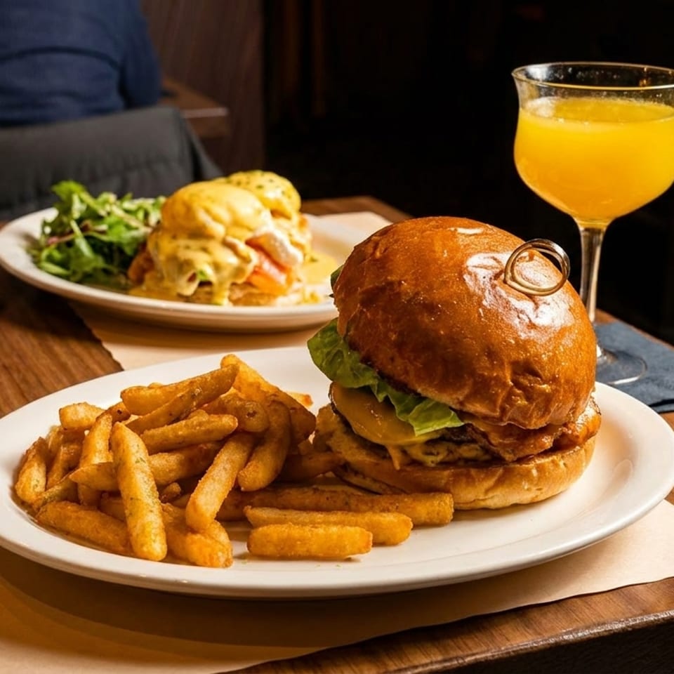 Cheeseburger with lettuce and fries, eggs Benedict with salad, and a glass of orange drink on a restaurant table.