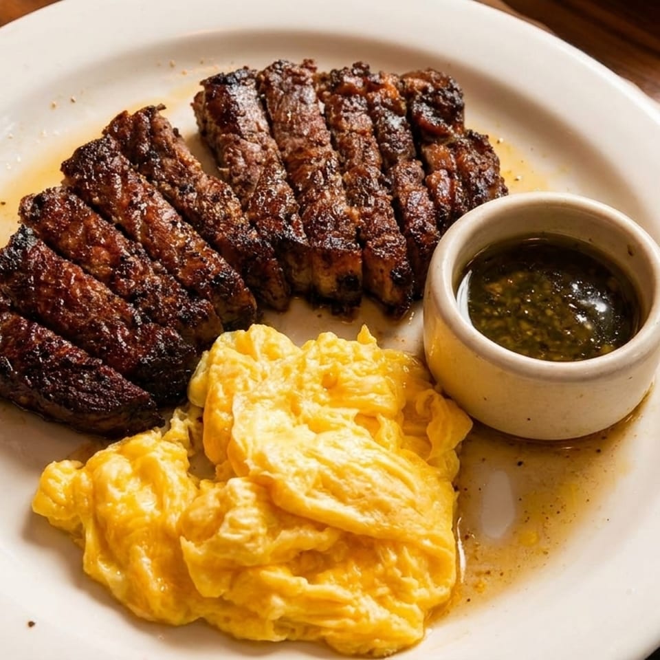 Grilled steak slices, scrambled eggs, and a small cup of green sauce on a white plate.